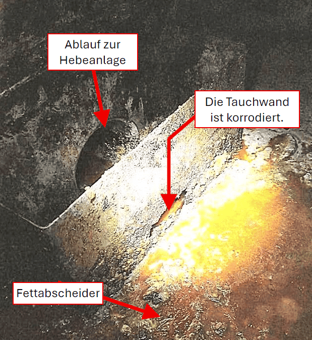 Korrodierte Tauchwand in einem Fettabscheider